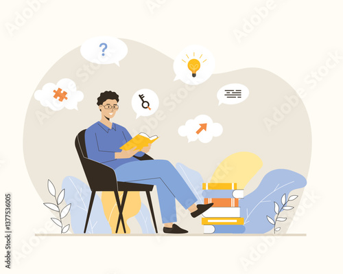 Finding ideas, solutions, brainstorming process. Man researching books for finding information and project development. Flat vector illustration.