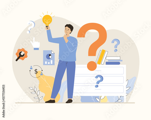 Finding ideas, solutions, brainstorming process. Finding suitable solutions and strategies. Man looking for answers to a questions. Flat vector illustration.