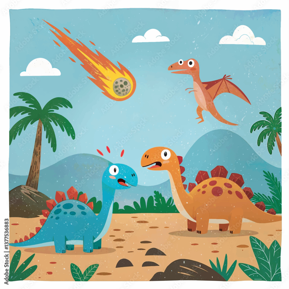 Un Meteorito atraviesa el cielo en una ilustración infantil colorida de la extinción de los Dinosaurios. Tres dinosaurios reaccionan con sorpresa en un paisaje prehistórico con palmeras y montañas.
