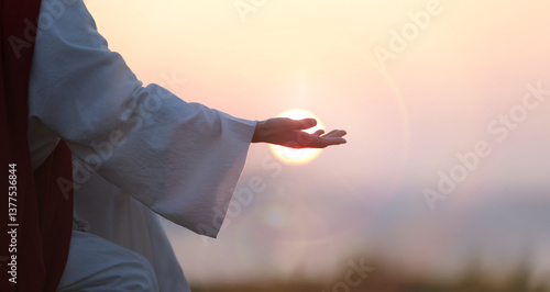 Schilderij op canvas Jesus Christ hand silhouette, evangelism and salvation concept, bright sun and e
