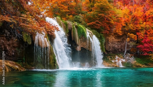 Enchanting cascading waterfall in the woods flowing into a crystal clear lake surrounded by greenery