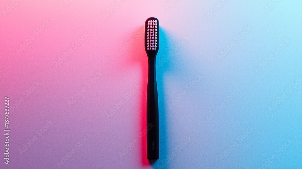Black toothbrush with soft bristles placed vertically against a gradient background of blue and pink light Black toothbrush with soft bristles placed vertically against a gradient background of blue and pink light