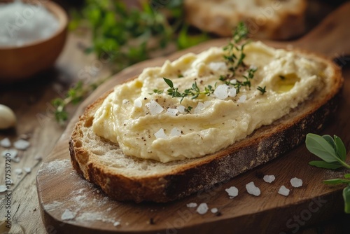 Close-up of a slice of toasted bread topped with a creamy, light-colored spread, garnished with thyme sprigs, sea salt, and pepper. The bread is on a wooden cutting board