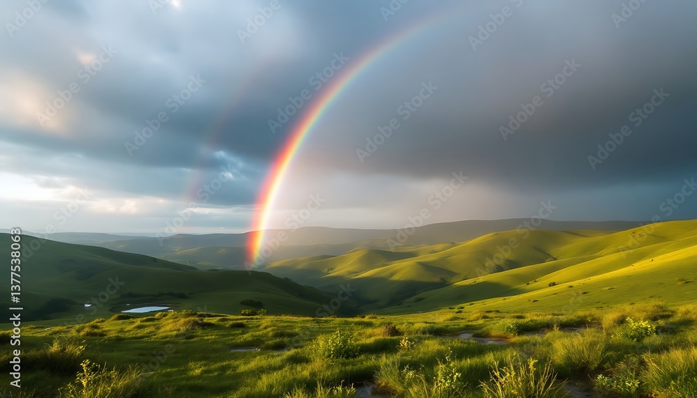 Obraz premium Vibrant Rainbow Over Rolling Green Hills Landscape Under Dramatic Cloudy Sky