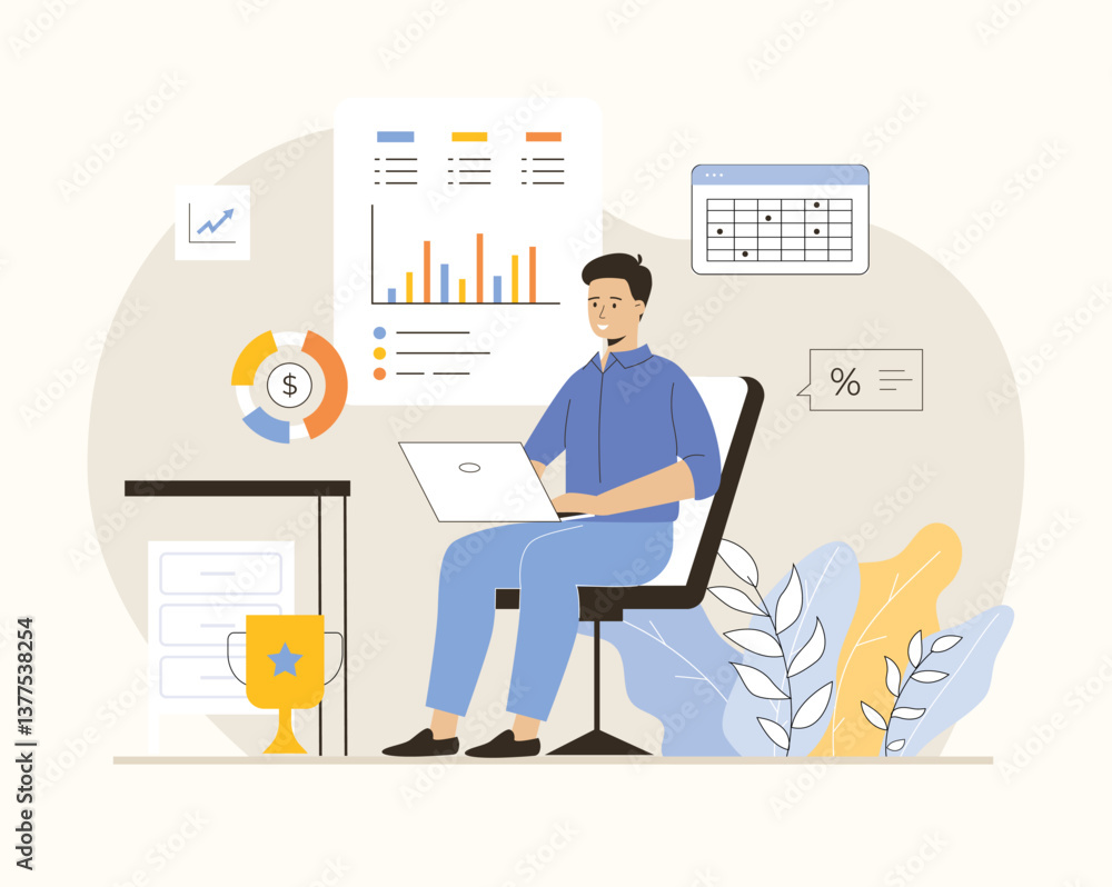 Digital business concept. Man work with charts and graphs. Management, planning, strategy development online. Flat vector illustration. Digital business concept. Man work with charts and graphs. Management, planning, strategy development online. Flat vector illustration.