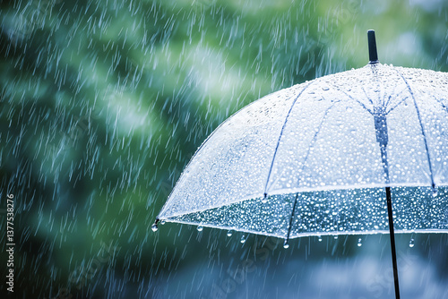 Transparent umbrella under rain against water drops splash background. Rainy weather concept. 
