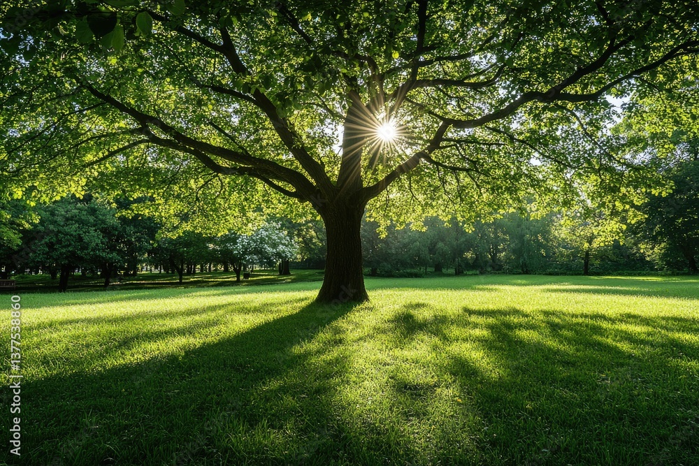 Lush green tree casting shadows on a grassy park. Sunlight beams through the leaves Lush green tree casting shadows on a grassy park. Sunlight beams through the leaves
