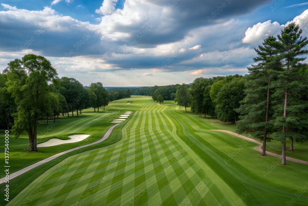 Fototapeta premium Aerial view of an immaculate golf course with precision-striped fairways, sand bunkers, tall trees, and dramatic skies – ideal for luxury sports, outdoor leisure, and professional golf themes