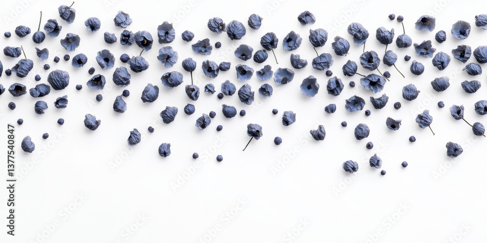 Soft blue petals scattered across a white surface create an elegant display for decor or craft projects Soft blue petals scattered across a white surface create an elegant display for decor or craft projects