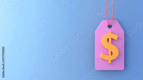 sale tag with dollar sign hanging against blue background, symbolizing discounts and promotions, evokes sense of savings and shopping excitement
