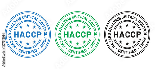 HACCP food safety system stamp, badge. Hazard analysis Critical Control Points seal imprint. Certified emblem. Quality warranty mark. Set marketing stickers. Round icons. Vector illustration