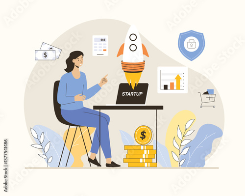 Startup business concept. Woman launching rocket, starting new project. Flat vector illustration.