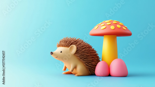 Cute hedgehog sitting next to whimsical toadstool, creating playful and imaginative scene. This charming setup evokes sense of wonder and joy