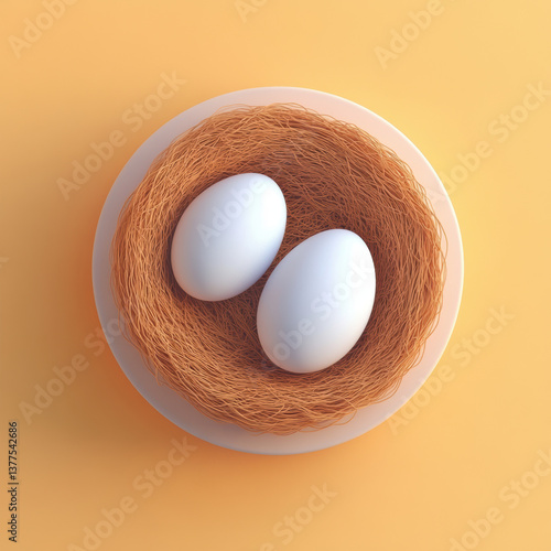 nest with two white eggs sits on plate, showcasing simple and natural design. warm tones create cozy atmosphere