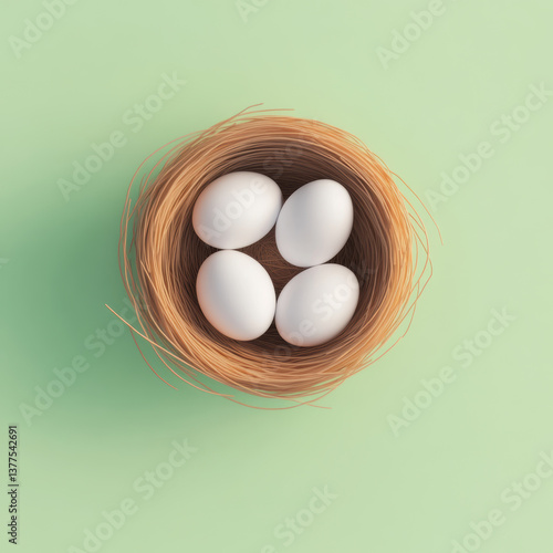nest containing four white eggs sits on soft green background, symbolizing new beginnings and nature beauty