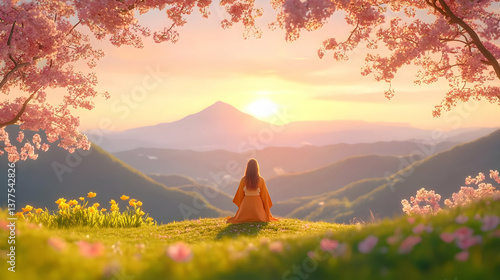 Serene Contemplation at Golden Hour Amidst Blooming Sakura Trees