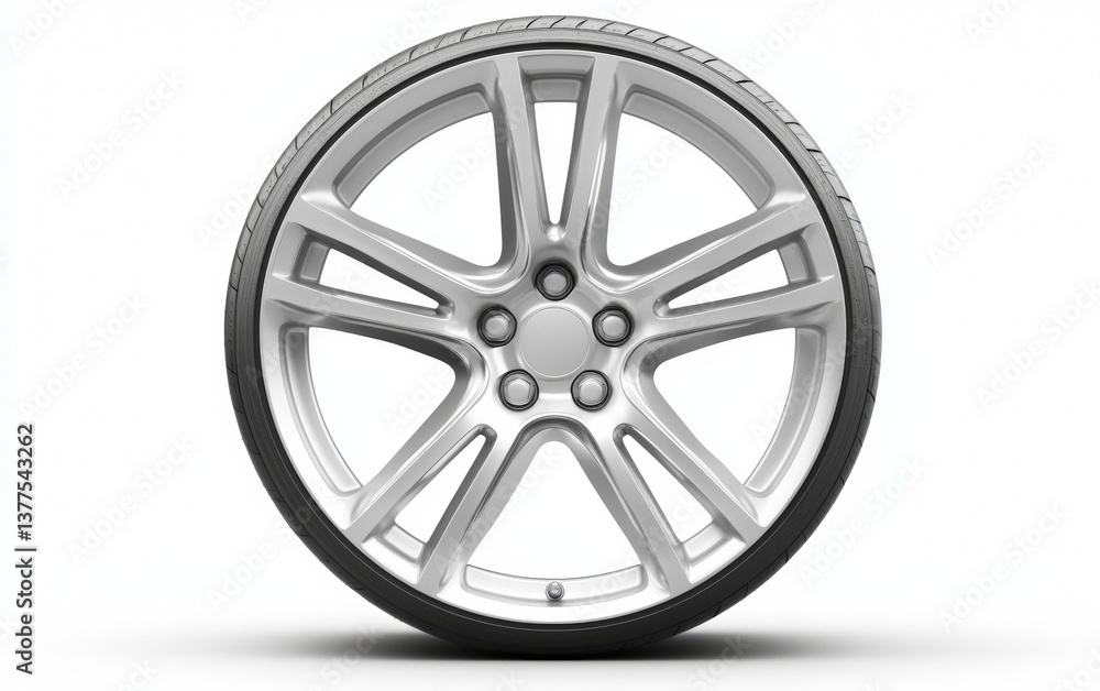 Obraz premium Modern alloy wheel with sleek design positioned against a neutral background representing automotive engineering aesthetics