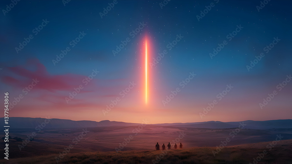 Mysterious Light Beam in the Sky with Silhouetted Figures at Dusk Mysterious Light Beam in the Sky with Silhouetted Figures at Dusk