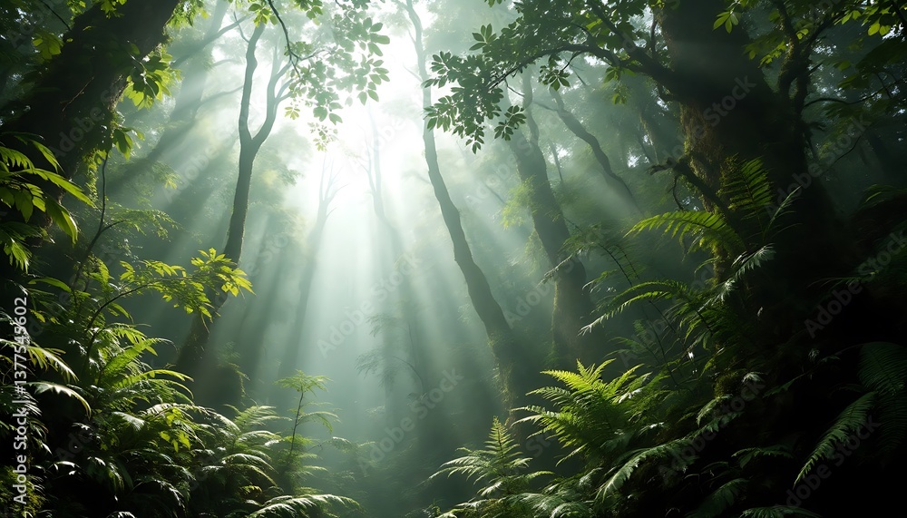 Fototapeta premium Sunlight Shining Through Dense Forest Canopy with Ferns and Trees
