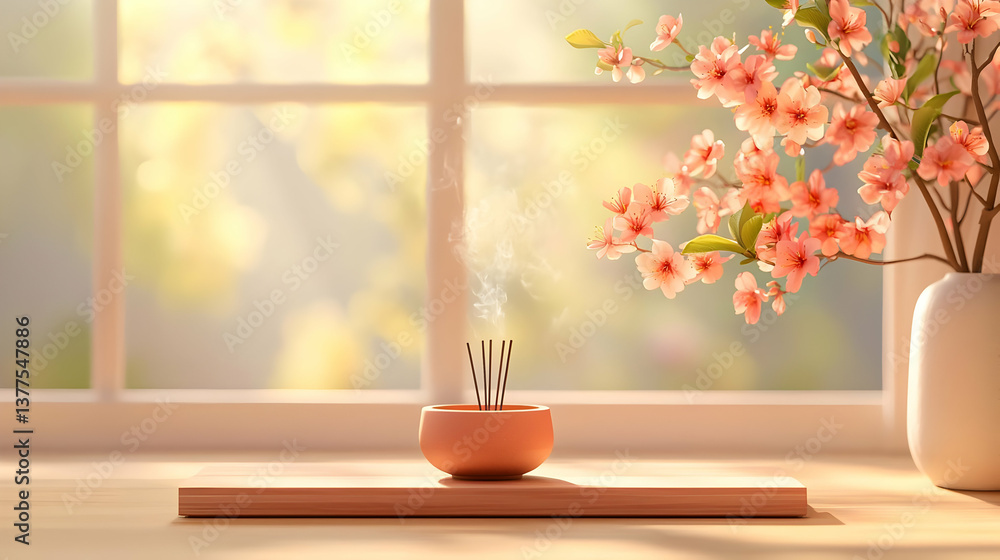 Tranquil Sakura Scene with Incense and Blooming Flowers Tranquil Sakura Scene with Incense and Blooming Flowers