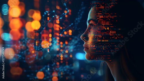 Woman's face digitally overlaid with glowing network data points futuristic technology concept