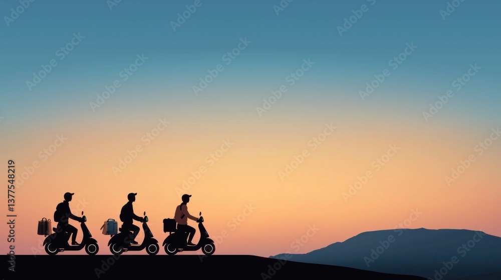 Fototapeta premium Three riders on scooters at sunset scenic landscape travel photography adventure peaceful view