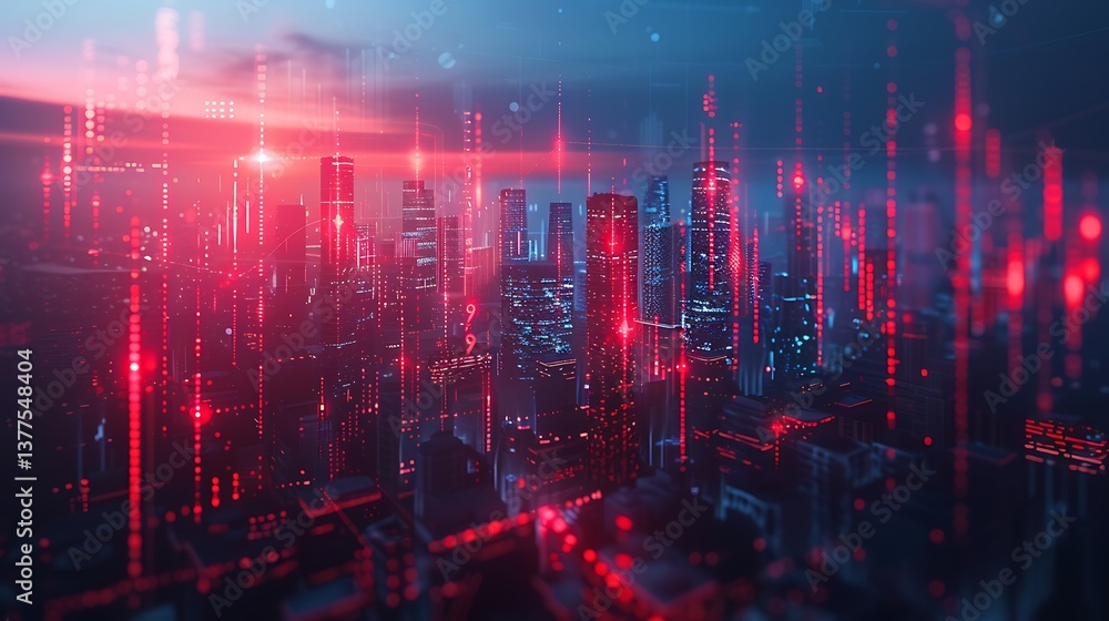 Obraz premium Futuristic Cityscape at Night Digital Art Red and Blue Neon Lights