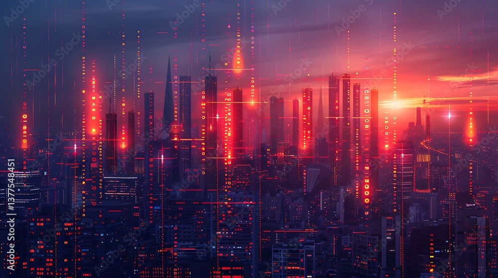 Naklejka premium Futuristic Cityscape at Sunset Digital Data Streams Over Modern Buildings