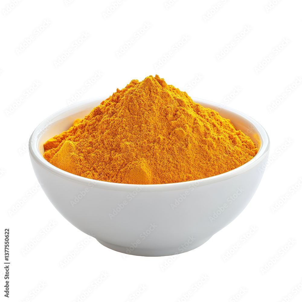 Bright turmeric powder in a transparent bowl isolated against a clean transparent background for culinary and health uses, Turmeric powder in transparent bowl isolated on transparent background Bright turmeric powder in a transparent bowl isolated against a clean transparent background for culinary and health uses, Turmeric powder in transparent bowl isolated on transparent background