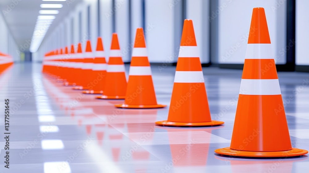 A series of orange traffic cones lined up in a corridor, emphasizing safety and organization in a modern indoor space. A series of orange traffic cones lined up in a corridor, emphasizing safety and organization in a modern indoor space.