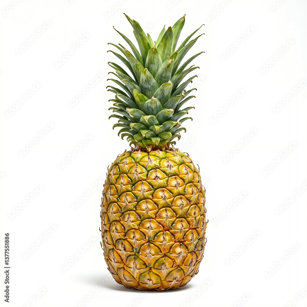 Fototapeta premium Whole pineapple, yellow peel, green crown.