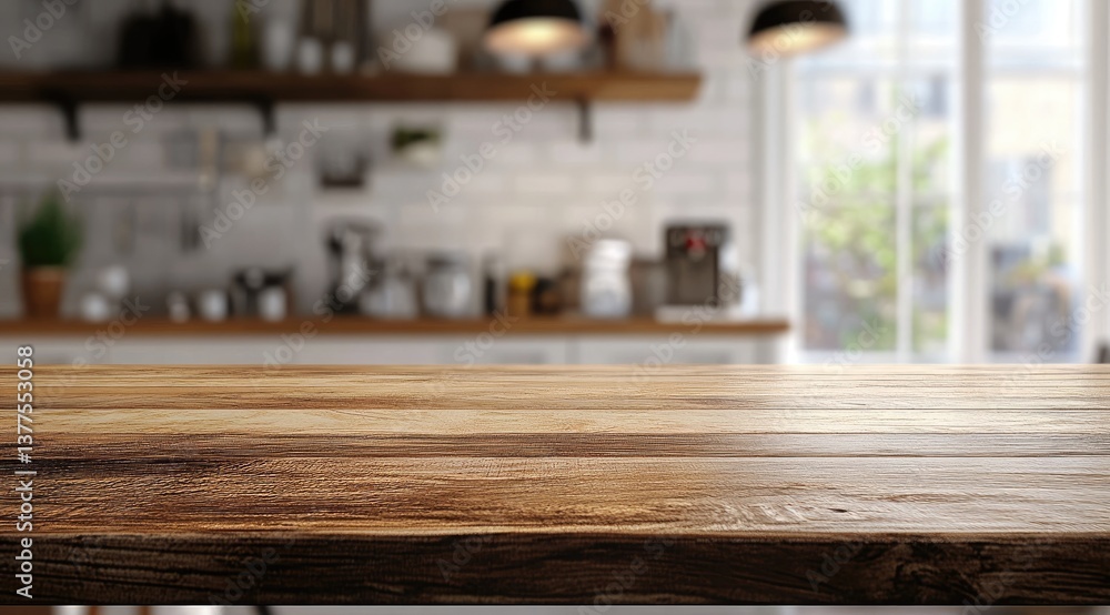 Empty wooden table in a bright kitchen, out of focus Empty wooden table in a bright kitchen, out of focus