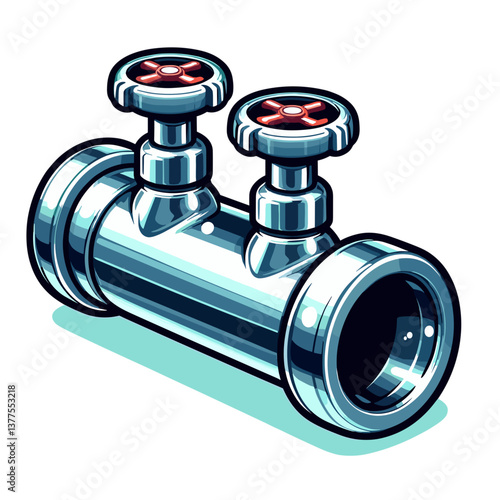 Metal pipe fitting with valves in silver shiny style. Perfect for plumbing services, industrial equipment catalogs, and technical instruction manuals.