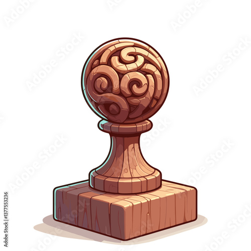Decorative wooden finial with carved pattern on pedestal. Ideal for interior design elements, architectural details, and craftsman style illustrations.