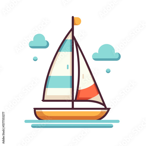 Sailboat with colorful sails on blue water with clouds. Ideal for summer vacation imagery, nautical themes, and water sports promotional materials.
