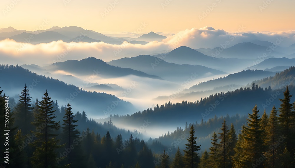 Obraz premium Misty Mountain Forest Landscape at Sunrise with Layered Peaks and Trees