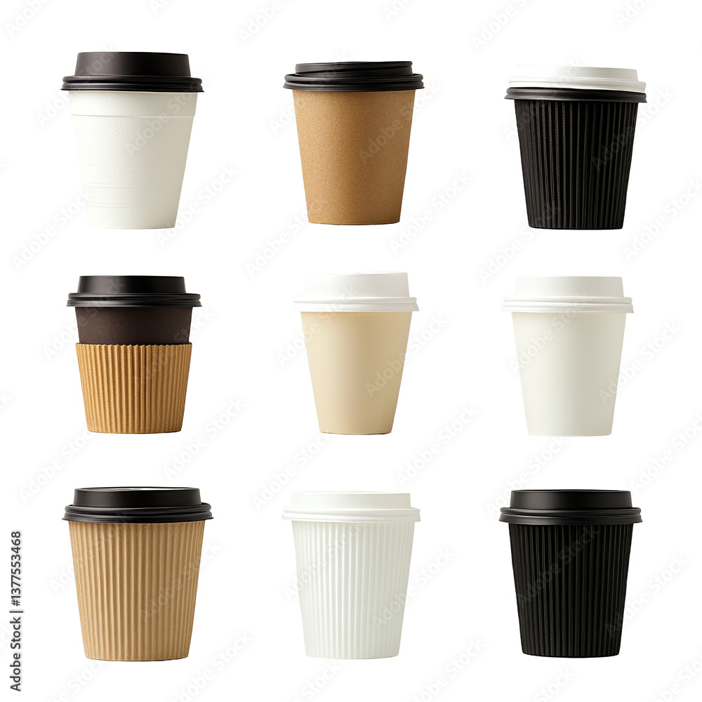 Collection of various plastic coffee cups arranged on a transparent background showcasing diverse colors and styles, Plastic coffee cup on transparent background Collection of various plastic coffee cups arranged on a transparent background showcasing diverse colors and styles, Plastic coffee cup on transparent background