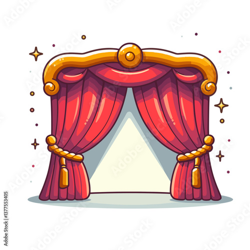 Vector red theater curtains with gold trim on white background. Perfect for entertainment events, performance announcements and dramatic arts marketing.