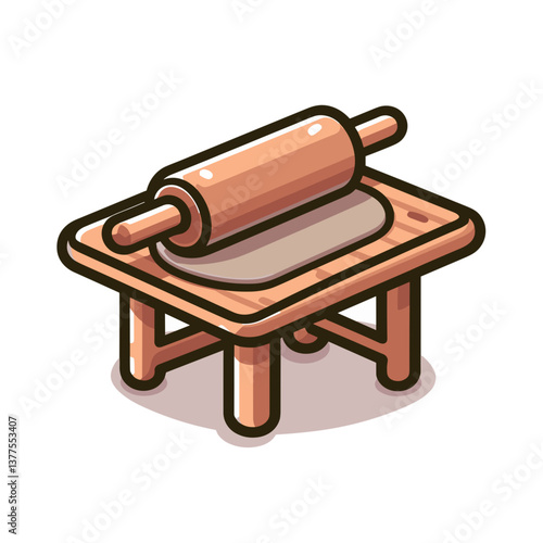 Vector wooden rolling pin on cutting board in beige tones. Ideal for bakery business branding, cooking classes and traditional cuisine illustrations.