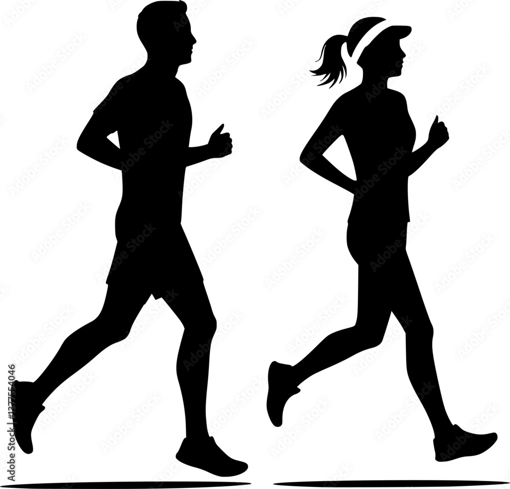 Obraz premium Running man and woman, isolated vector silhouettes. Run, side view. Silhouettes of athletic looking male and female runners running. EPS 10 version.