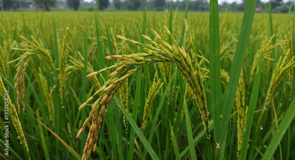 Fototapeta premium Green Rice Paddy Field Close Up Soft Light. AI Generated