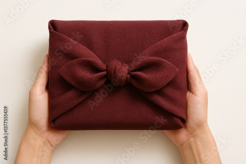 Furoshiki gift in burgundy held with care – 丁寧に手渡される赤茶の風呂敷包みギフト
