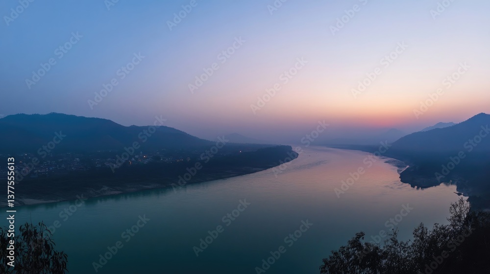 Panoramic view of Rishikesh at sunset, the river shimmering under the fading light with distant temples Panoramic view of Rishikesh at sunset, the river shimmering under the fading light with distant temples