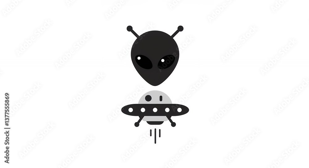 Naklejka premium Alien Head with Flying Saucer Vector Illustration on White Background