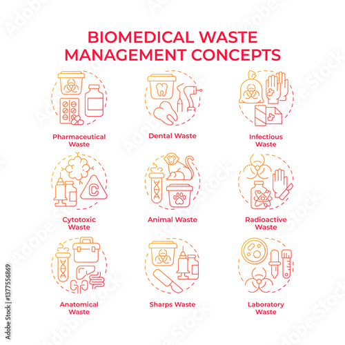 Biomedical waste management red gradient concept icons. Infection trash control. Regulation, compliance. Icon pack. Vector images. Round shape illustrations for presentation, article. Abstract idea