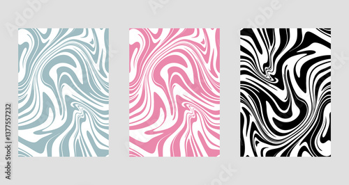 Set of wavy lines abstract backgrounds. Trendy psychedelic retro style banner.  Waves, swirl and twirl pattern.