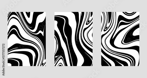 Set of wavy lines abstract backgrounds. Trendy psychedelic retro style banner.  Waves, swirl and twirl pattern.