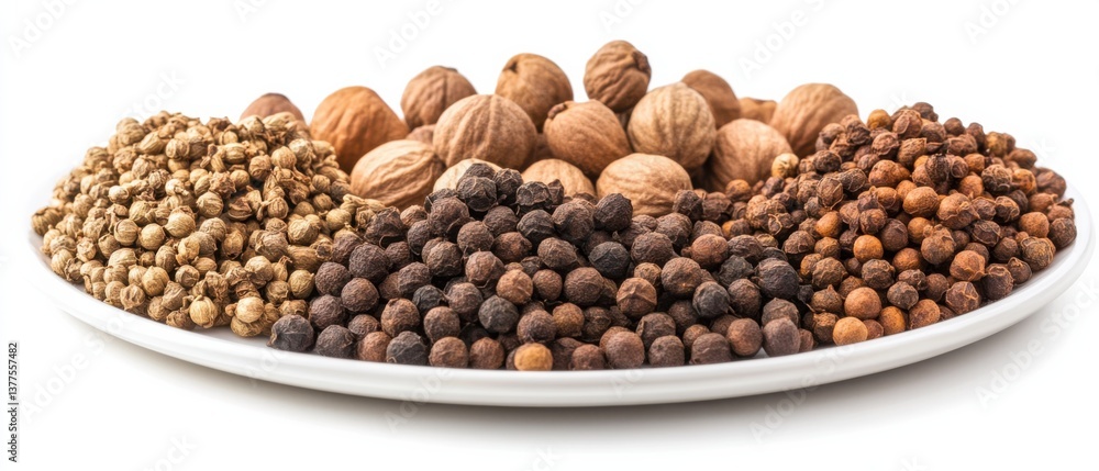 Assortment of aromatic spices: White pepper, black pepper, long pepper, and nutmeg on a white plate Concept of culinary ingredients, flavor enhancement, and global cuisine Assortment of aromatic spices: White pepper, black pepper, long pepper, and nutmeg on a white plate Concept of culinary ingredients, flavor enhancement, and global cuisine
