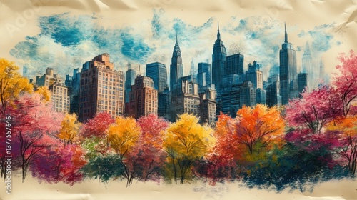 Autumnal Central Park NYC Skyline, Pastel Art, Fall