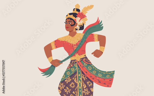 Elegant Balinese Dancer Illustration: Traditional Costume and Graceful Movement, Indonesian Culture